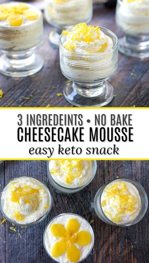 Lemon Keto Cheesecake Mousse - An easy, no bake low carb dessert you can make in 10 minutes with 3 ingrediets. This lemon keto cheesecake mousse has only 2.9g net carbs! #cheesecake #Nobake #ketodessert #Lowcarbrecipes #sugarfree #lemon #Mousse #creamcheesedessert Keto Cheesecake Mousse, Dense Desserts, Lemon Keto, Keto Snacks Easy, Lemon Mousse, Low Carb Low Fat Recipes, Cheesecake Mousse, Diet Recipes Easy, No Carb Recipes