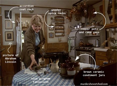 Recreating Jessica Fletcher’s Kitchen – Murder, She Watched 90s Living Room, Cabot Cove, Jessica Fletcher, Pot Belly Stove, Wooden Spice Rack, Gingham Tablecloth, Kitchen Set Up, Butter Crock, Apartment Makeover