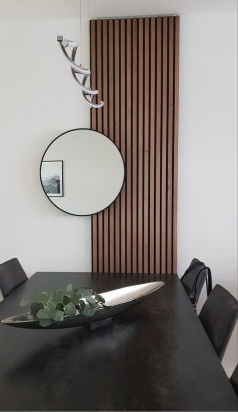 Accent Wall With Round Mirror, Black Accent Wall Living Room, Vertical Slats Wall, Flute Wall, Stairs And Hallway Ideas, Hallway Panelling, Wood Feature Wall, Accent Wall Design, Black Accent Walls