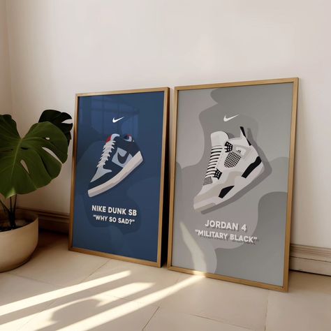 Our Sneaker Posters are created with passion and attention to detail. 🩵 Perfect for the real Sneaker Lovers. 👟 Left/Nike Dunk SB "Why so sad?" Right/Nike Jordan 4 Military Black #posters #poster #print #sneakers #sneaker #sneakerhead #sneakerposters #wallart #decoration #roomdecoration Old Room Decor, Nike Jordan 4, Black Posters, Jordan Poster, Nike Poster, Sneaker Posters, Inspo Fits, Sneaker Lovers, Dorm Inspo