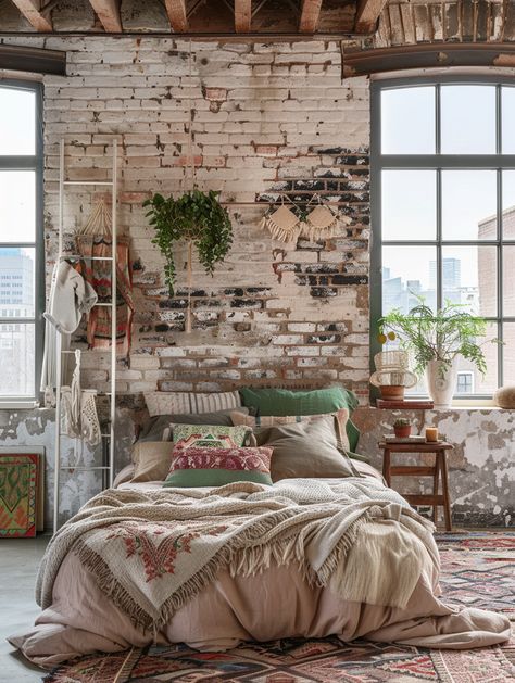 50  Tips and Ideas for Perfect Boho Bedroom – TastyInteriors White Brick Bedroom, Interior Brick Wall Ideas, Brick Wall Bedroom Ideas, White Wash Brick Wall, Exposed Brick Bedroom, Vintage Bedroom Aesthetic, Brick Wall Bedroom, Brick Wall Ideas, Brick Bedroom