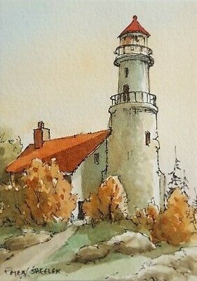 Peter Sheeler, Lighthouse Watercolor, Watercolor Art Landscape, Lighthouse Painting, Lighthouse Art, Watercolor Architecture, Watercolor Paintings Easy, Watercolor Sketchbook, Cat Air