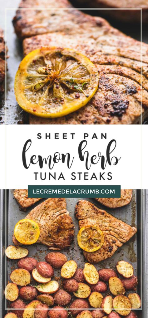 Lemon Pepper Tuna Steak, Tuna Steak Healthy Recipes, Lemon Tuna Steak, Sheet Pan Tuna Steak, Baked Tuna Recipes, Blue Fin Tuna Recipes Baked, Baked Tuna Steak Recipes, Recipe For Tuna Steaks, Mediterranean Tuna Steak Recipes