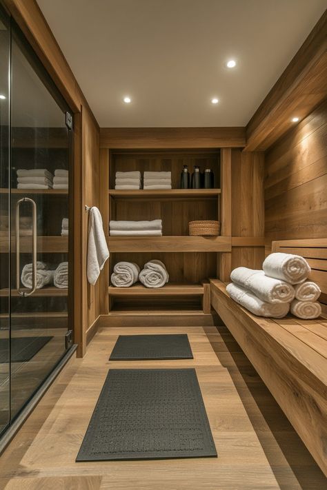 29 Sauna Ideas For A Soothing Escape In Your Own Home - Courtneys World Home Gyms With Sauna, Sauna Dressing Room Ideas, Home Cold Plunge And Sauna, Pool House With Gym And Sauna, Sauna Shower Ideas, Basement Sauna Room, Exterior Shower Ideas, Home Gym With Sauna And Cold Plunge, Sauna Room In House