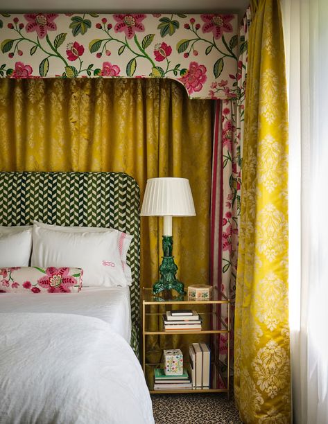 bedroom Yellow Green Room, Curtains Behind Bed, Osborne And Little Wallpaper, Texas House, Small Bedroom Designs, Green Room, My Place, Madison Park, Green Rooms