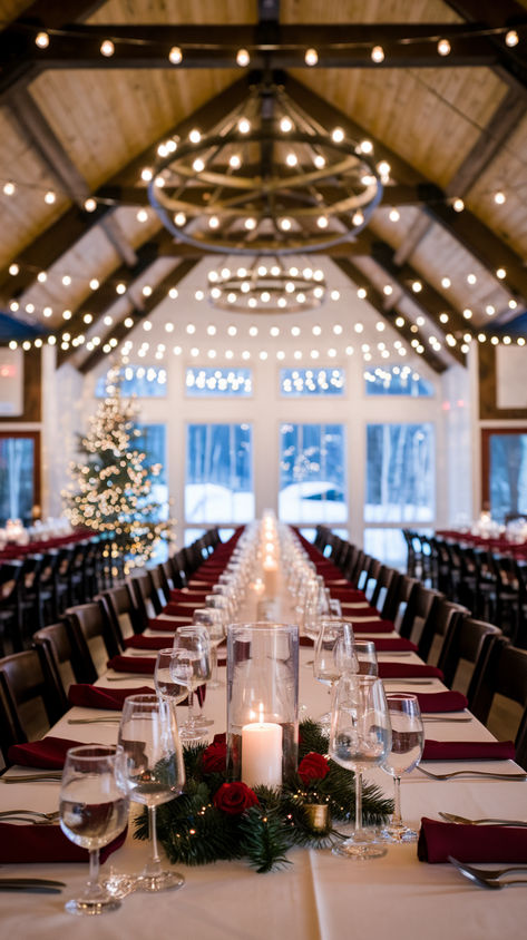 The tables are arranged with wine glasses and place settings, ready for an elegant Christmas dinner in a cozy barn setting. December Wedding Decorations Wedding Table Decor, Maroon Winter Wedding, December Wedding Decorations, Wedding Outline, Winter Wedding Aesthetic, Cozy Winter Wedding, Wedding Table Ideas, Winter Wedding Table, Aesthetic Blog