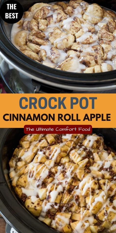 This crock pot cinnamon roll apple bake is easy to make and tastes amazing. Just layer cinnamon rolls, apples, and custard, and cook for four hours. Then drizzle with frosting and enjoy! Cinnamon Roll Casserole Crockpot, Cinnamon Roll Apple Bake, Cinnamon Roll Casserole Easy, Crock Pot Cinnamon Roll Casserole, Apple Bake, Fall Slow Cooker Recipes, Party Tricks, Baked Apple Recipes, Cinnamon Roll Casserole