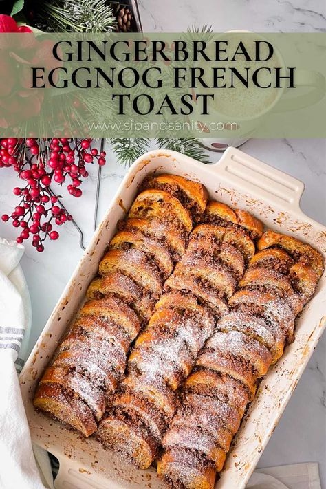 Gingerbread Eggnog French Toast is the perfect holiday breakfast solution for a crowd! There’s hints of molasses, ginger and nutmeg in a rich eggnog custard. It can be assembled in about 10 to 15 minutes the night before. Add the cookie crumb topping in the morning. Then sit back and enjoy opening gifts while the French toast is in the oven! Eggnog Breakfast, Eggnog Custard, Eggnog French Toast Casserole, Gingerbread Eggnog, Spiced Eggnog, Croissant French Toast, French Bread French Toast, Eggnog French Toast, Thanksgiving Brunch