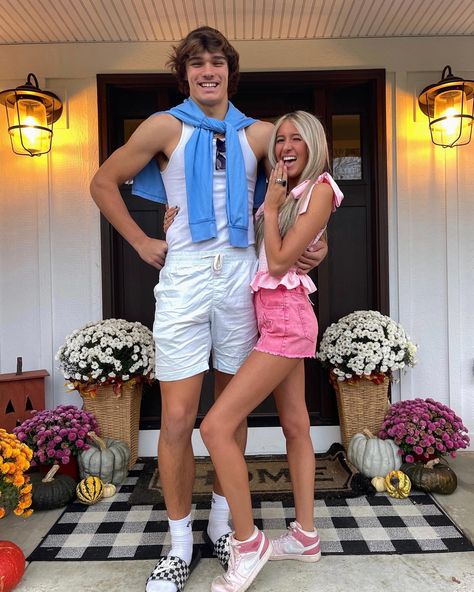 barbie and ken halloween costume couple costume Barbie Hoco Outfit, Barbie And Ken Spirit Day, Blonde Hair Couple Costume, Barbie Spirit Day Outfit, Cute Couples Costumes For Halloween Diy, Diy Ken Costume, Barbie And Ken Spirit Week, Barbie And Ken Costume Ideas, Couple Halloween Costumes Blonde Girl