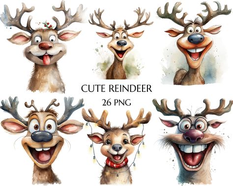 Funny Christmas Watercolor, Christmas Reindeer Illustration, Christmas Reindeer Art, Christmas Watercolor Art, Reindeer Watercolor, Reindeer Drawing, Reindeer Clipart, Deer Clipart, Watercolor Christmas Card