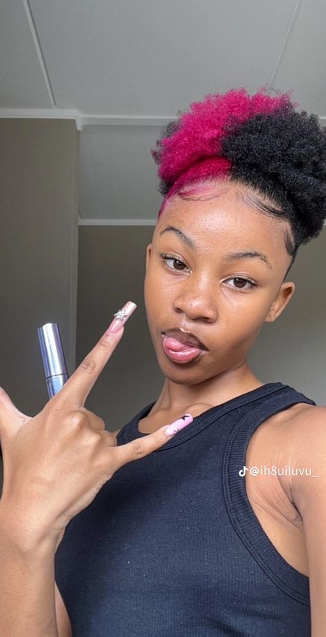 Pink Dyed Hair Black Women, Dyed Afro Hair 4c, Pink Skunk Hair, Pink Hair Black Women, Afro Hair Dye, Natural Hair Bun Styles, Peekaboo Hair, Quick Natural Hair Styles, Dyed Hair Inspiration