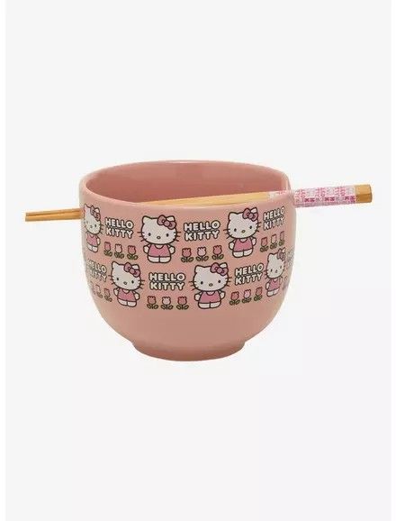 Hello Kitty Chopsticks, Hello Kitty Noodle Bowl, Hello Kitty Ramen Bowl, Hello Kitty Bowl, Sanrio Items, Kawaii Ramen, Noodle Dish, Kitty Clothes, Pink Bowls