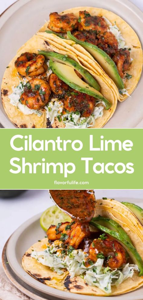 These cilantro lime shrimp tacos with slaw are the perfect blend of zest and spice. Try these spicy shrimp tacos for the best tacos that are both flavorful and easy to make. This shrimp taco recipe combines juicy shrimp with a crunchy cabbage slaw, ideal for busy weeknights. Enjoy the best shrimp tacos packed with flavor and zest! Shrimp Tacos For A Crowd, Crock Pot Shrimp Tacos, Fish Taco With Slaw, Honey Shrimp Tacos, The Best Shrimp Tacos, Cilantro Shrimp Tacos, Shrimp Taco Seasoning Recipes, Dynamite Shrimp Tacos, Swai Fish Tacos