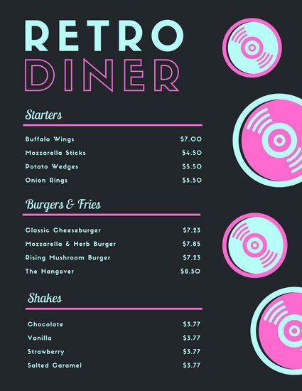 Neon Retro Vinyl Diner Menu 50s Diner Menu Retro, Retro Menu Design Ideas, Neon Menu Design, Diner Menu 50's, Retro Restaurant Aesthetic, Diner Menu Ideas, Aesthetic Menu Design, Retro Menu Design, Neon Diner