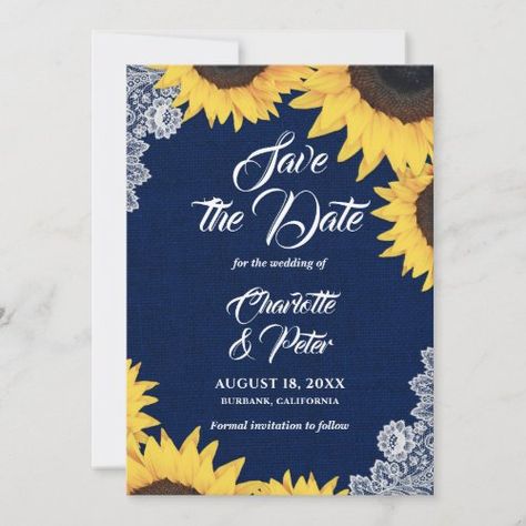 Navy Blue Burlap And Sunflower Save The Date Cards #zazzle #weddinginvitations #birthdayinvitations #babyshowerinvitations #zazzleinvitations #monogram #businesscards #graduation #homedecor Sunflower Save The Date, Navy Rustic Wedding, Rustic Wedding Save The Dates, Yellow Wedding Theme, Sunflower Themed Wedding, Rustic Save The Dates, Save The Date Postcard, Floral Save The Dates, Future Wedding Plans