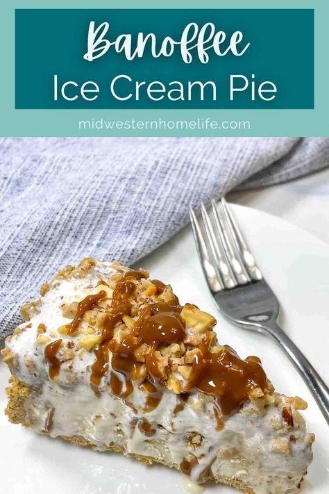 Banoffee ice cream pie combines banana, dulce de leche, and vanilla ice cream, crunchy toffee bits, salted almonds, and creamy dulce de leche in a sweet and salty graham cracker crust. An impressive layered ice cream cake that tastes like banoffee pie! #icecreampie #icecreamcake #icecreamcakerecipe #banoffeepie #easydessert #icecreamdesserts #icecreamcakehomemade Caramel Ice Cream Cake, Strawberry Ice Cream Sandwich, Layered Ice Cream Cake, Salted Almonds, Homemade Ice Cream Cake, Banana Caramel, Pie And Mash, Vegan Ice Cream Recipe, Ice Cream Pie