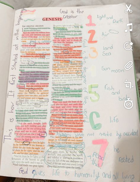 This is how i bible study highlighting. I found myself really getting into the word doing this. Book Of Genesis Bible Study Notes, Haggai Bible Study, Genesis Bible Journaling Notes Chapter 1, Genesis Study Guide, Genisis Bible Notes, Bible Study, Bullet Journal, Bible, The Creator