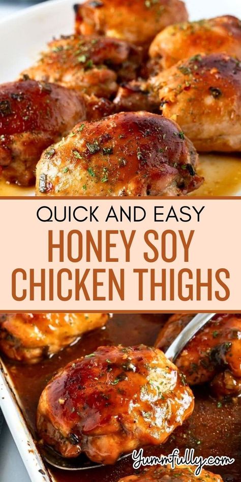 Quick and Easy Honey Soy Chicken Thighs – succulent thighs marinated in honey soy sauce and baked for a delicious meal in 30 minutes! Chicken Thigh Casserole, Honey Soy Marinade, Honey Soy Chicken Thighs, Honey Chicken Thighs, Honey Baked Chicken, Chicken Entree, Honey Garlic Chicken Thighs, Honey Soy Chicken, Soy Chicken