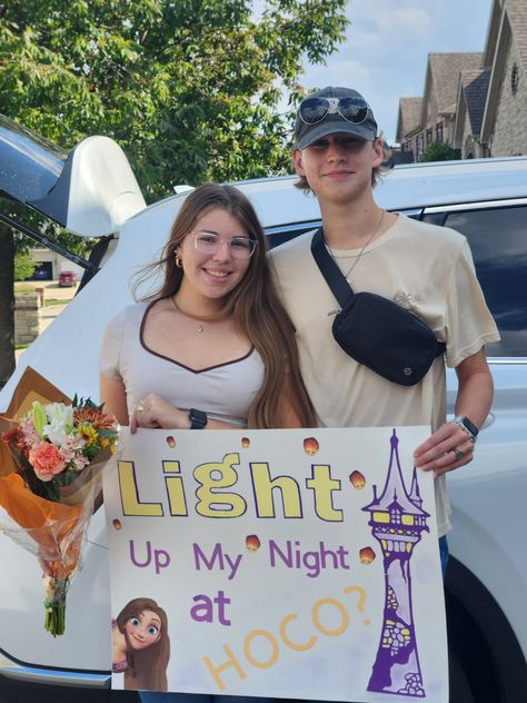 Tangled Rapunzel Hoco Proposal, Tangled Homecoming Proposal, Rapunzel Promposal, Rapunzel Homecoming, Tangled Hoco Proposal, Tangled Promposal, Prom Posters, Hoco Ideas, Bf Gifts