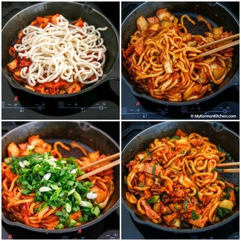 Kimchi Udon Noodle Stir Fry | MyKoreanKitchen.com Korean Udon, Udon Noodle Stir Fry, Kimchi Udon, Koreansk Mad, Noodle Stir Fry, Udon Noodle, Korean Kitchen, Udon Noodles, Asian Cooking