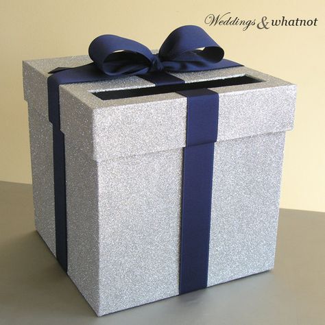 Silver and Navy Wedding Card Box 9w x 9h  by WeddingsAndWhatnot Wedding Post Box, Navy Ribbon, Money Box Wedding, Silver Gift Box, Wedding Money, Gift Card Boxes, Wedding Info, 25th Wedding Anniversary, Wedding Anniversary Party