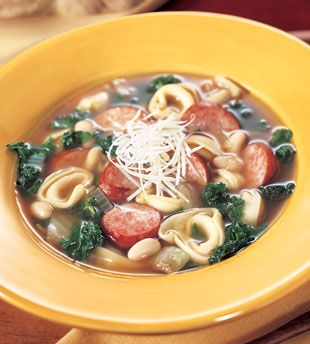 Cheese Tortellini Soup with Cannellini, Kielbasa, and Kale Kielbasa Tortellini, Cheese Tortellini Soup, Kielbasa Soup, Braised Kale, Kale Recipe, Spinach Soup, Kale Soup, Kale Recipes, Smoked Cooking