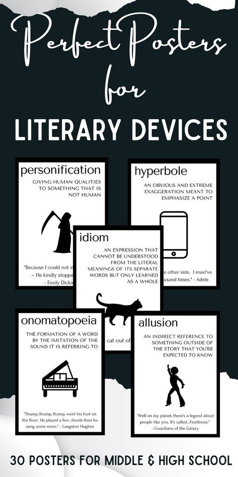 Decorate your classroom walls with these simple, modern and beautiful posters for literary devices. No need to search around for various sets because all the posters you need are right here! I believe in creating beautiful, simple and affordable products for the over-worked and under-appreciated teacher! 29 literary devices presented on 30 black & white posters but if you are looking for a different colour scheme, click on the link above and check out my store for even more affordable options! Literary Devices Posters, Grammar Posters, Literary Terms, Posters Classroom, School Middle School, Literary Devices, Middle School English, School English, Classroom Walls