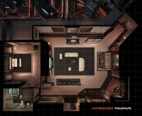 Executive hotel room suite TTRPG cyberpunk battle map Cyberpunk Office, Cyberpunk Background, Cyberpunk Apartment, Beautiful Maps, Modern Hotel Room, Penthouse Interior, Cyberpunk Rpg, Dnd World Map, Altered Carbon