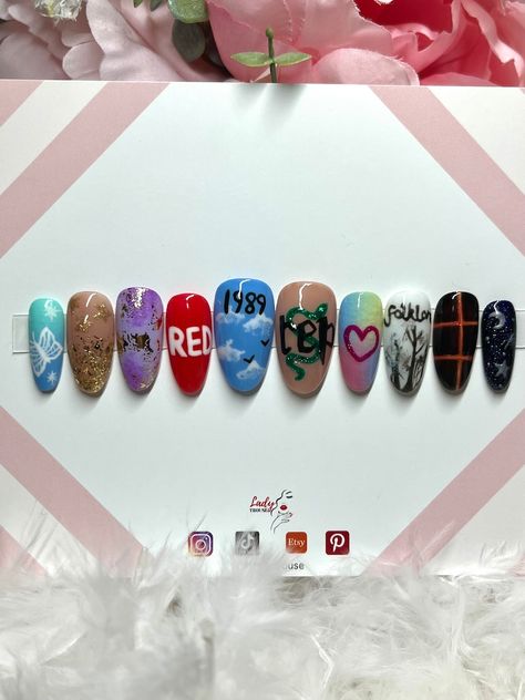 Taylor Swift Eras Tour Nails! Taylor Swift Nail Ideas Eras, Eras Tour Nails Ttpd, Taylor Swift Era Nails, Taylor Swift Nail Ideas Eras Tour, Ttpd Nails Taylor Swift, Nail Art Taylor Swift, Taylor Swift Themed Nails, Ts Nails, Taylor Swift Nails Ideas