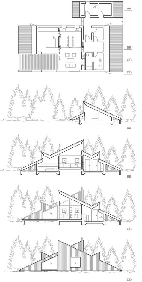 Cabin Vindheim by Vardehaugen Triangular Architecture, Cabin Plan, Concept Models Architecture, Architectural Section, Architecture Concept Drawings, Architecture Design Concept, Cabin Plans, Architecture Presentation, Architecture Sketch