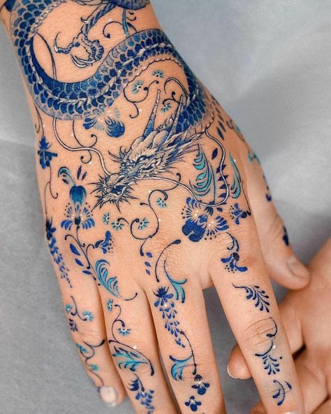 Porcelain Tattoo, Blue Dragon Tattoo, Flower Hip Tattoos, Blue Ink Tattoos, Red Dragon Tattoo, Dragon Sleeve Tattoos, Blue Tattoo, Tatuaje A Color, Hip Tattoo