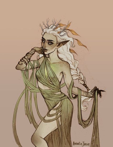 Unseelie Fae Character Design, Nature Goddess Character Design, Fae Oc Art, Nymph Art Character Design, Nymph Greek Mythology, Swamp Elf, Nymph Character Design, Fae Character Design, Dryad Art