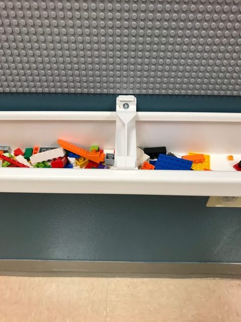 Ready, Set, LEGO Wall • TechNotes Blog Lego Wall Storage, Lego Wall Decor, Makerspace Classroom, Diy Lego Wall, Lego Playroom, Science Bedroom, Makerspace Design, Under Stairs Nook, Lego Diy Crafts