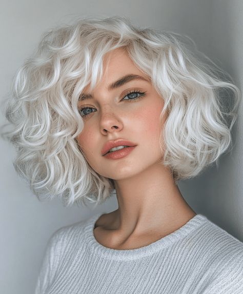 51 Platinum Blonde Hair Color Ideas for a Fresh New Look - Page 8 of 15 - The Fusion Feed Curly Bob For Fine Hair, Edgy Blonde Hair, Bob For Fine Hair, Blonde Curly Bob, Platinum Blonde Hair Color Ideas, Blonde Hair Transformations, Platinum Blonde Hair Color, White Blonde Hair, Blonde Hair Color Ideas