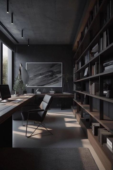 Scandi Industrial, Dark Home Office, Male Office, Dark Interior Design, Office Vibes, Modern Home Offices, Bangunan Minecraft, Dark Modern, Studio Desk