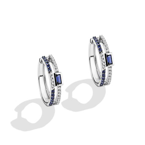 R2-D2 White Diamond Women's Hoop Earrings Blue Sapphire Star Wars™ Fine Jewelry 1/3 CTTW | Jewelili Gold Diamond Hoop Earrings, Blue Sapphire Necklace, Blue Sapphire Diamond, Minimal Jewelry, Pave Setting, Fashion Jewelry Earrings, Diamond Hoop Earrings, Sapphire Earrings, Sapphire Jewelry