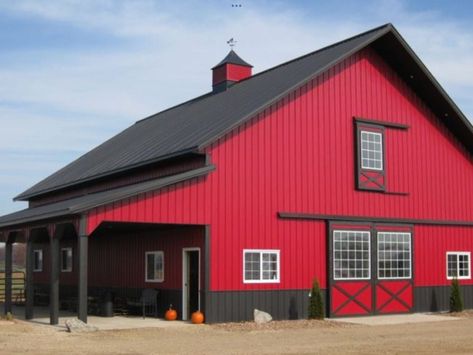 Red Metal Barn, Black Roof, Garage Addition, Steel Sheds, Pole Barns, Black Barn, Outdoor Remodel, Shop Buildings, Barns Sheds