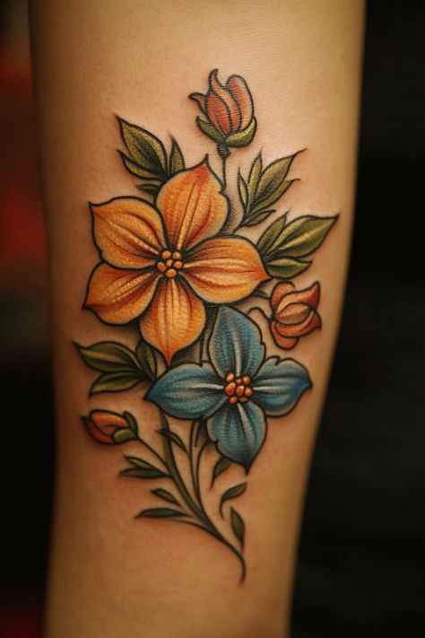 Colorful floral tattoo with orange and blue flowers on a person's skin. Squash Blossom Tattoo, Feminine Flower Tattoos, Elegant Flower Tattoo, Flower Tattoo Ideas For Women, Buttercup Tattoo, Daisy Chain Tattoo, Small Daisy Tattoo, Flower Symbols, Flower Tattoos For Women