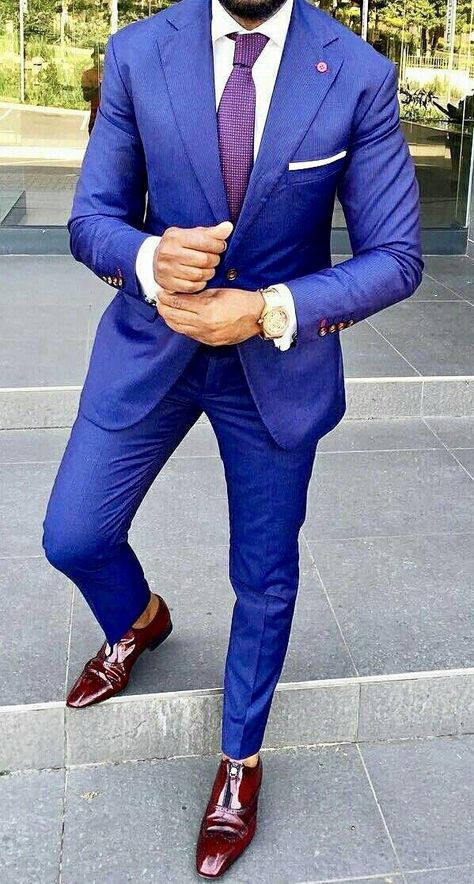 groom attire Wedding Suits Men Blue, Men Suits Blue, Suit Combinations, Royal Blue Suit, Blue Suit Men, Blue Suit Wedding, Color Shoes, Burgundy Shoes, Men’s Suits