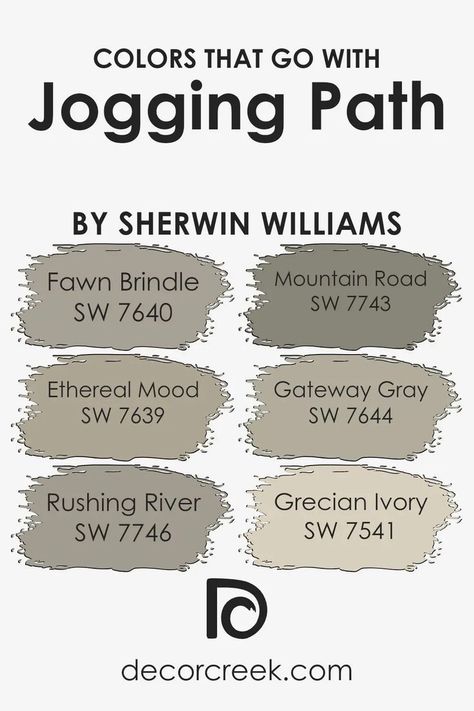 Colors that Go With Jogging Path SW 7638 by Sherwin Williams Jogging Path Color Palette, Sw Rushing River, Sherwin Williams Rushing River, Sw Ethereal Mood, Fawn Brindle Sherwin Williams, Jogging Path, Sherwin Williams Paint Neutral, Sherwin Williams Coordinating Colors, Fawn Brindle