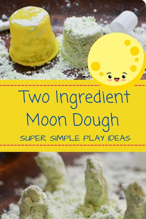 Simple and easy this two ingredient moon dough can be made at home for hours of fun play. For more slime, playdough, and kinetic sand ideas follow Katie at a Little Pinch of Perfect where she and her kids home school with fun activities, arts and crafts, and so much more! Moon Dough With Flour, Diy Moon Dough, Moon Dough Without Corn Starch, How To Make Moon Dough Without Conditioner, Simple Playdough Recipe No Cook, Sand Ideas, Moon Dough, Tactile Activities, Two Ingredient