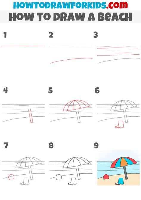 Simple Beach Scene Drawing, Draw Beach Easy, Beach Drawing Sketches Simple, Drawing Beach Easy, How To Draw A Beach Scene, How To Draw Beach, How To Draw A Beach, Beach Doodles Easy, Beach Drawings Easy