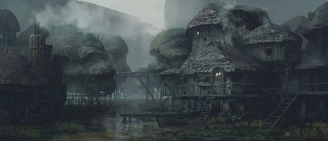 Medieval Swamp Town, Henrik Ågren on ArtStation at https://www.artstation.com/artwork/q6J4a Swamp Town, Dnd Locations, Fantasy Locations, Fantasy Village, Heroic Fantasy, Fantasy City, Dnd Art, Fantasy Setting, Fantasy Places