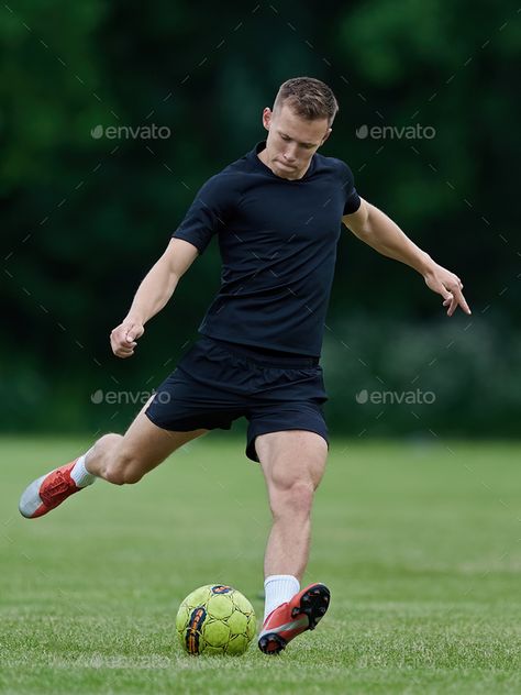 Kicking Soccer Ball Pose, Kicking Ball Pose Reference, Kicking A Ball, Kicking A Ball Drawing, Man Playing Football, Soccer Player, Football Player, Blue Suit Outfit, Throwing A Football