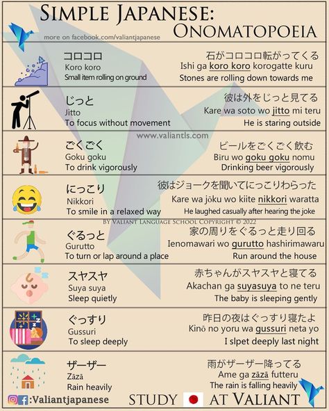 Valiant Japanese School on Instagram: “・ 👩🏼‍🏫🗣: Start Learning Japanese with @ValiantJapanese ! DM us for details. ・ ⛩📓: Simple Japanese: Japanese Onomatopoeia 🤙🧑🏻‍🏫 . . . . . .…” Conversational Japanese, Basic Japanese Words And Phrases, Japanese Grammar Structure, Useful Japanese Phrases, Japanese Common Phrases, Japanese School, Language School, Japanese Words, Learn Japanese