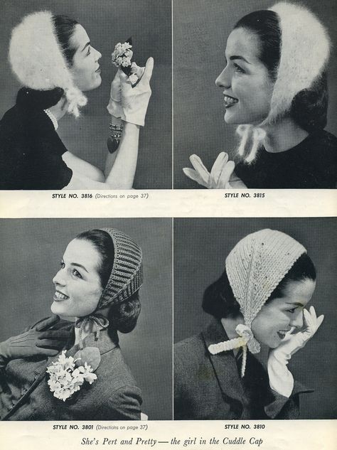 https://flic.kr/p/BLG28 | 1956 bernat cuddle caps | looks like that calorimetry headscarfy thing that's been making the knitting rounds lately on the web.  hmm! Knit Bonnet, Knit Accessories, Knitting Hat, Ladies Hats, Vintage Knitwear, Womens Hat, Vintage Knitting Patterns, Knit Hats, Knit Cap