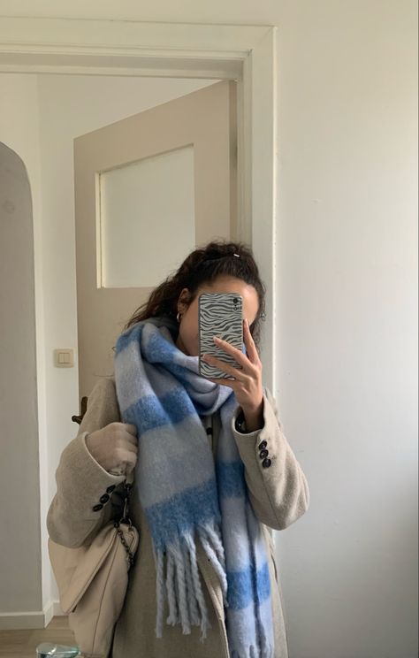 #blue #scarf #outfit #winter #winteroutfit #beige #aesthetic Blue Outfit Aesthetic Winter, Blue Scarf Aesthetic, Blue Scarf Outfit Winter, Blue And White Winter Outfit, Beige Scarf Outfit, Gray Scarf Outfit, Blue Scarf Outfit, Burberry Scarf Outfit, Fashion Analysis