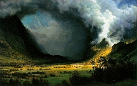 Vintage Albert Bierstadt Storm in the Mountains 1870 Fine Art • Millions of unique designs by independent artists. Find your thing. Albert Bierstadt Paintings, John Constable Paintings, Istoria Artei, Albert Bierstadt, Hudson River School, Cloud Painting, Landscape Artist, A Storm, In The Mountains