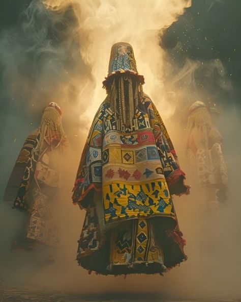 Àsìkò on Instagram: "Because you were formed in the essence of the dream  With masks of the elders, whose spirits we see, In the dance of the masquerades, the power and the grace  Their footsteps echo through time’s endless stream, Because you were formed in the essence of the dream.  The songs of our mothers, the prayers of the land, Are woven in rhythms that guide every hand, In the dance of the ages, where past and future are unraveled, you were formed in the essence of the dream.  In these compositions, I have been thinking of monuments of cultural structures and how these loom over African societies. They bring a sense of power and belonging but can also have negative  Using masquerade iconography found in most African countries, I re-imagining them as larger than life entities that p Egungun Masquerade, African Reference, African Masquerade, Black Canvas Art, African Ancestry, African Dance, Past And Future, Larger Than Life, Spirit World