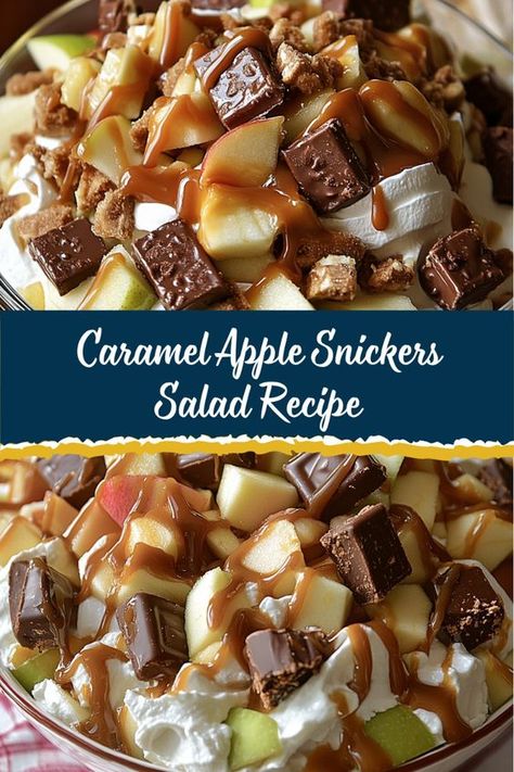 Indulge in the perfect combination of crunchy, sweet, and creamy with this Caramel Apple Snickers Salad. This delightful dessert salad is quick to prepare and is sure to be a crowd-pleaser at any gathering! Snickers Salad Recipe, Apple Snickers Salad, Thanksgiving Fruit Salad, Snickers Caramel Apple Salad, Snickers Dessert, Caramel Apple Salad, Caramel Apple Desserts, Snicker Apple Salad, Snickers Salad